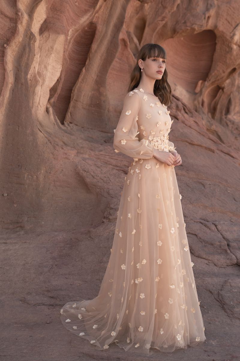 Desert Bloom — champagne gown with three-dimensional flowers
