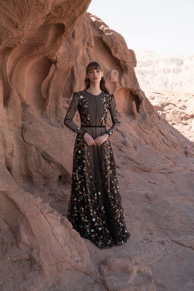 Midnight Mirage — black embroidered evening gown in the canyon