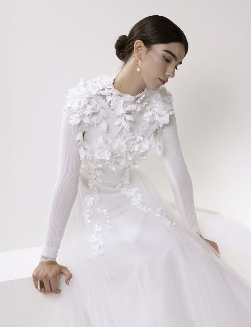 Petal Cascade — three-dimensional floral appliqué bodice
