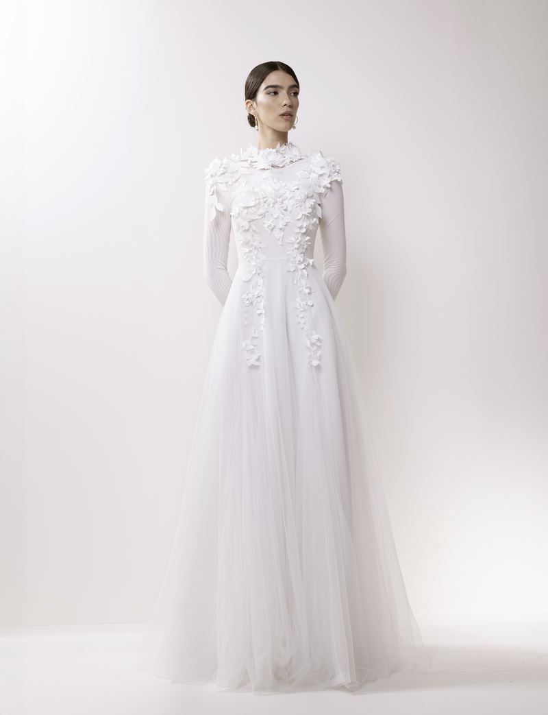 Flora — high-neck gown with floral appliqués and tulle skirt