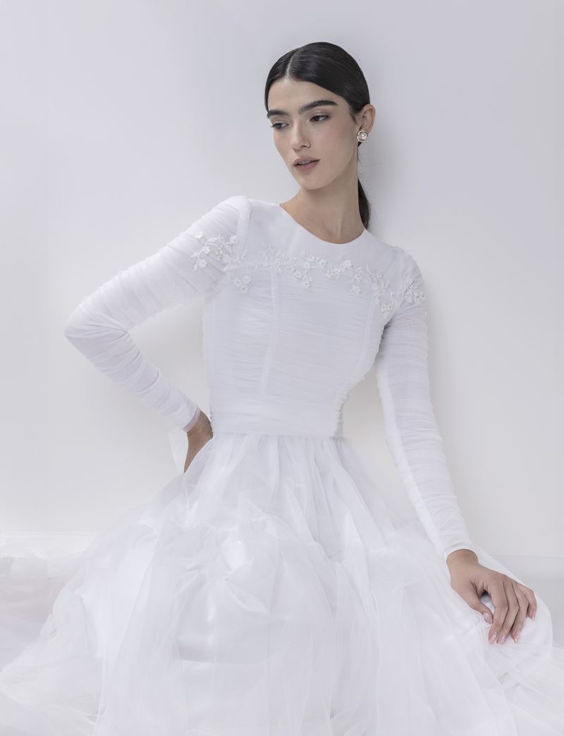 Tulle Whisper — ruched tulle bodice with delicate embroidery