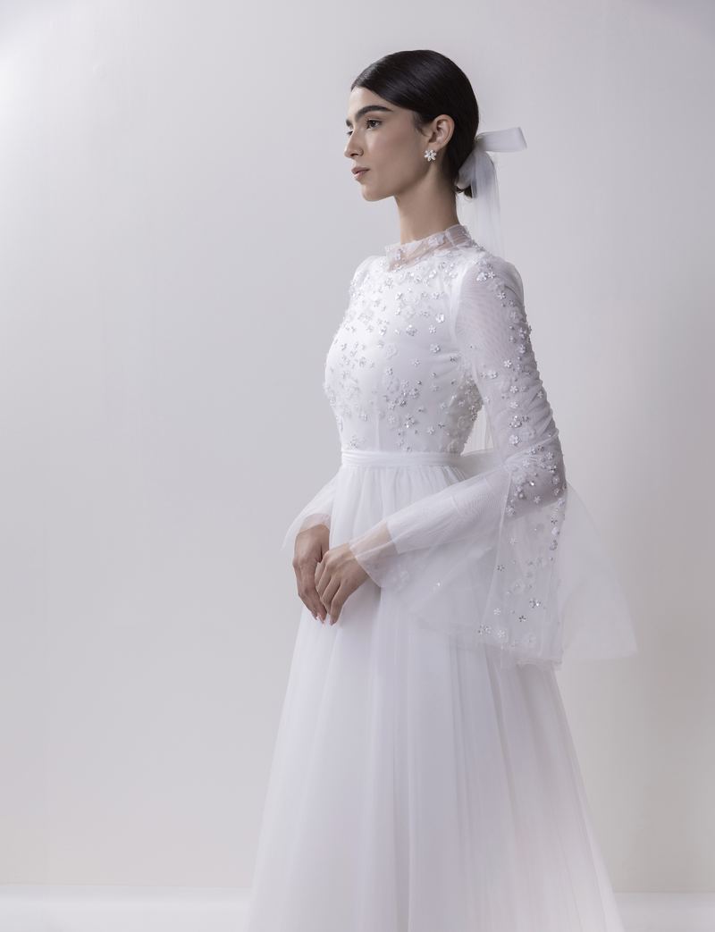 Crystal Bell — beaded bodice with dramatic bell sleeves