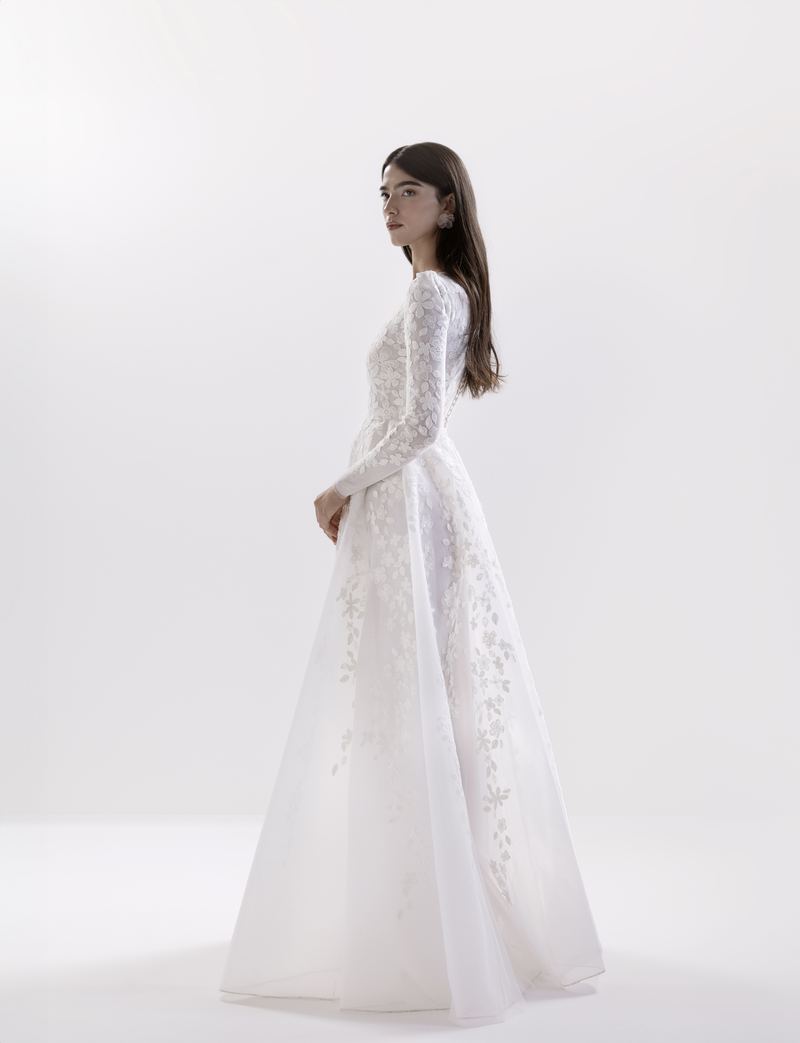 Floral Veil — embroidered organza gown in profile