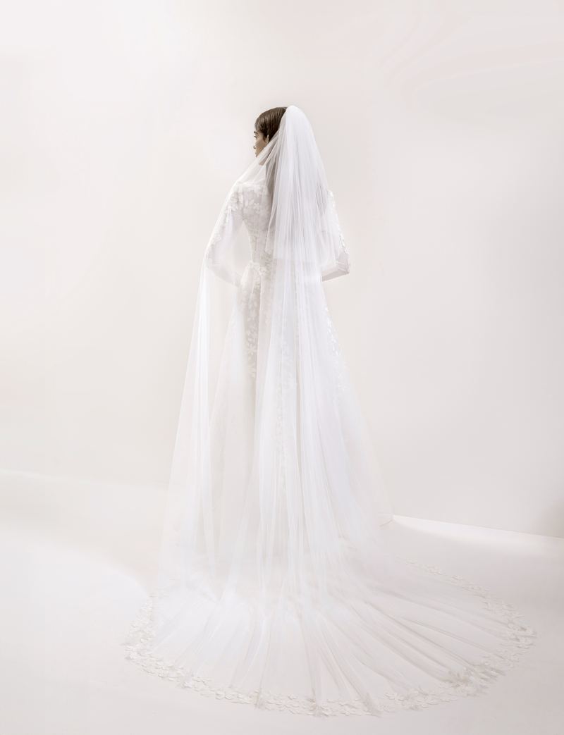 The Cathedral Veil — full-length lace-trimmed veil from behind