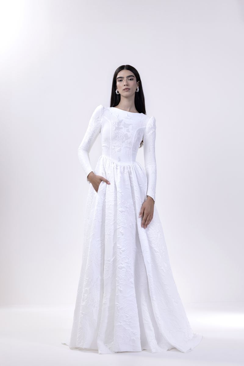Modern Grace — clean jacquard gown with pockets